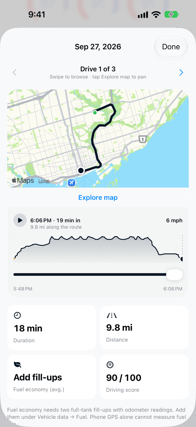 A recorded drive with its route on the map and its distance