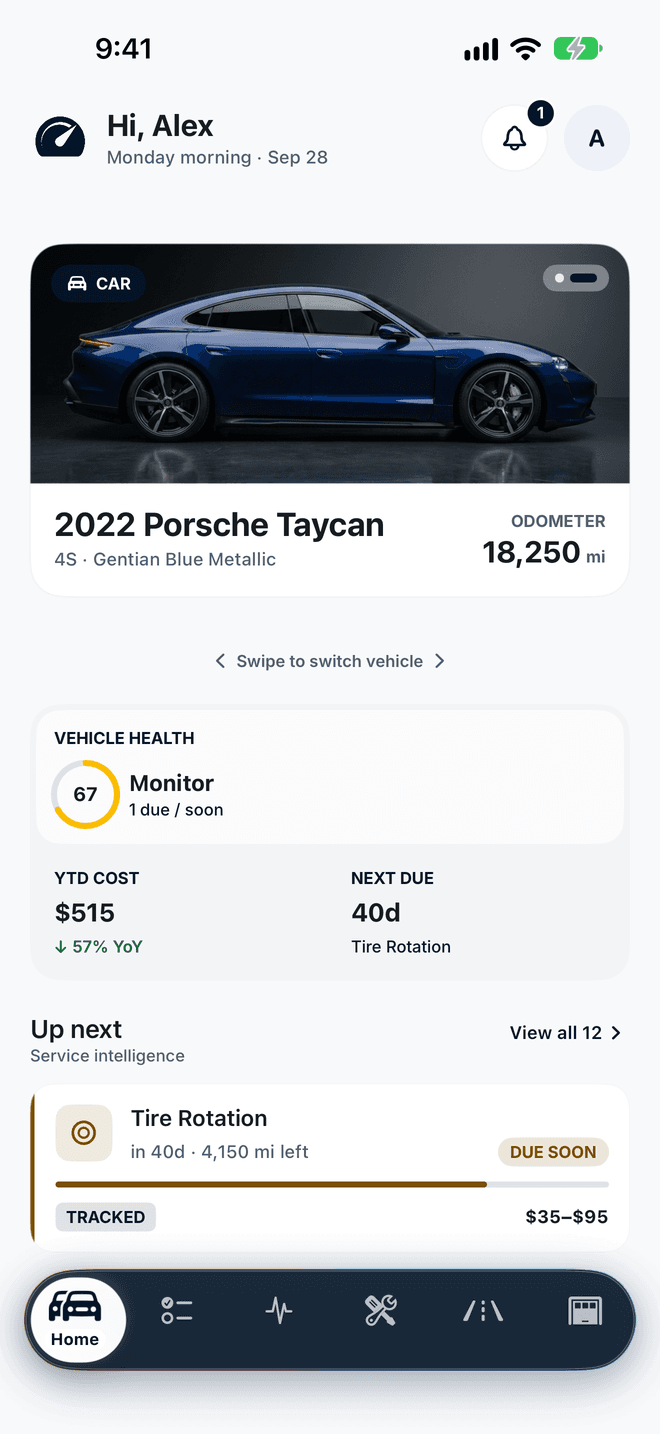 Home screen showing the vehicle, its health and the next service due