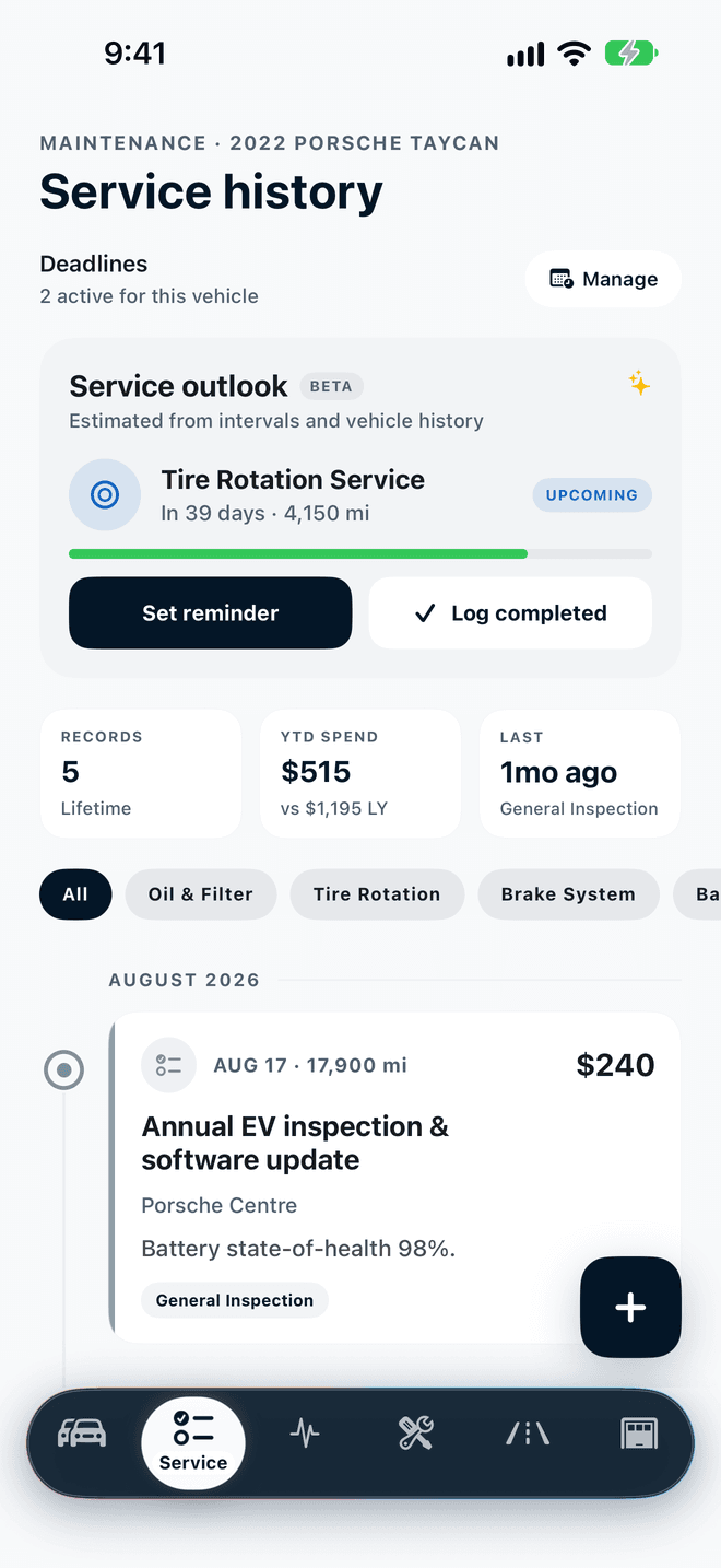 Service screen listing upcoming maintenance with progress for each interval